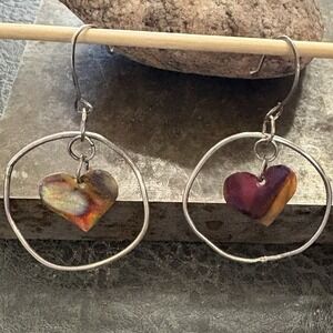 Handmade Sterling Silver Wire Hoop‎ Earrings Heart Dangly Fire Painted Copper